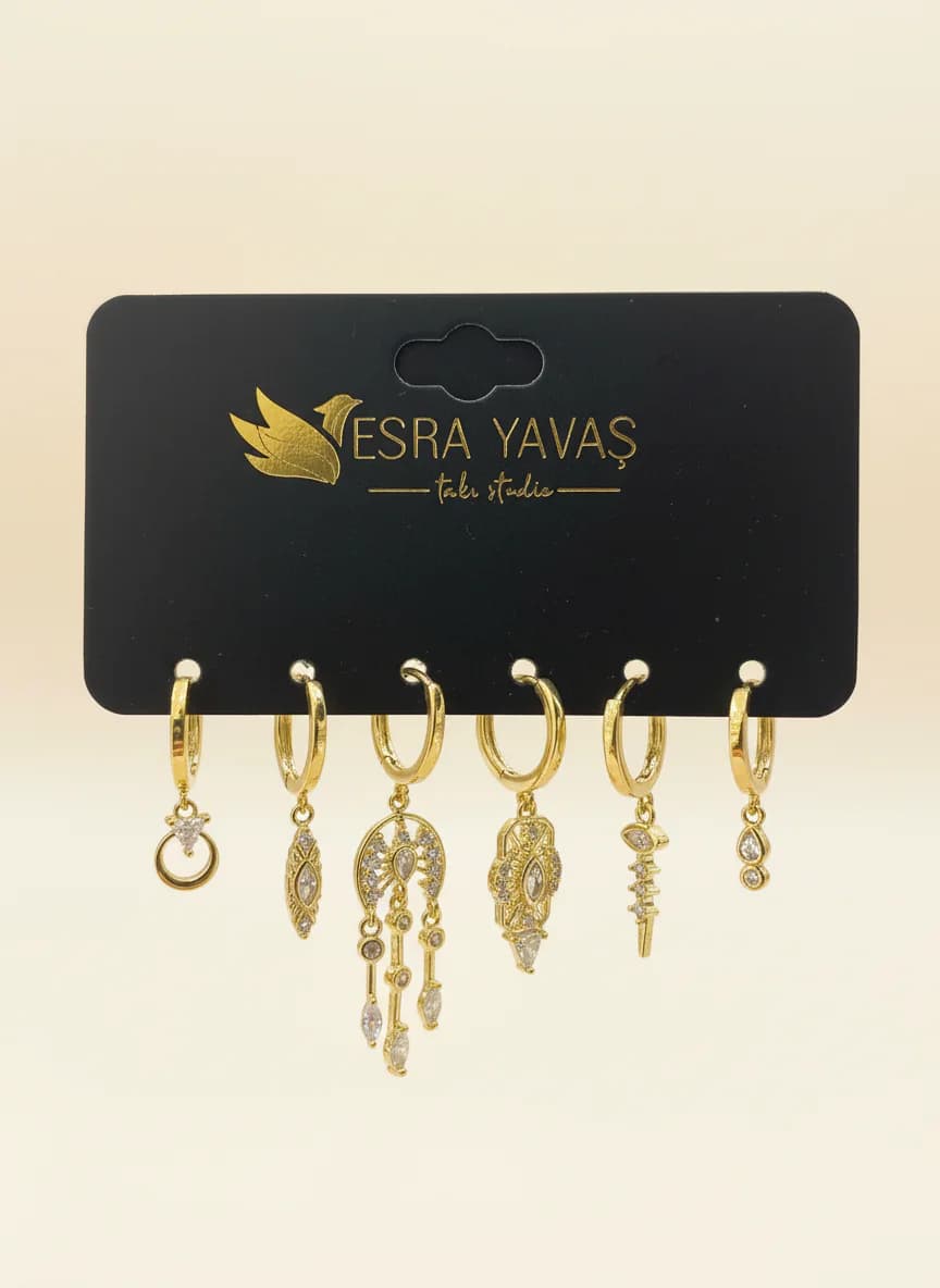 Esra Yavaş Altın Kaplama Zirkon Taşlı Sallantılı Küpe Seti