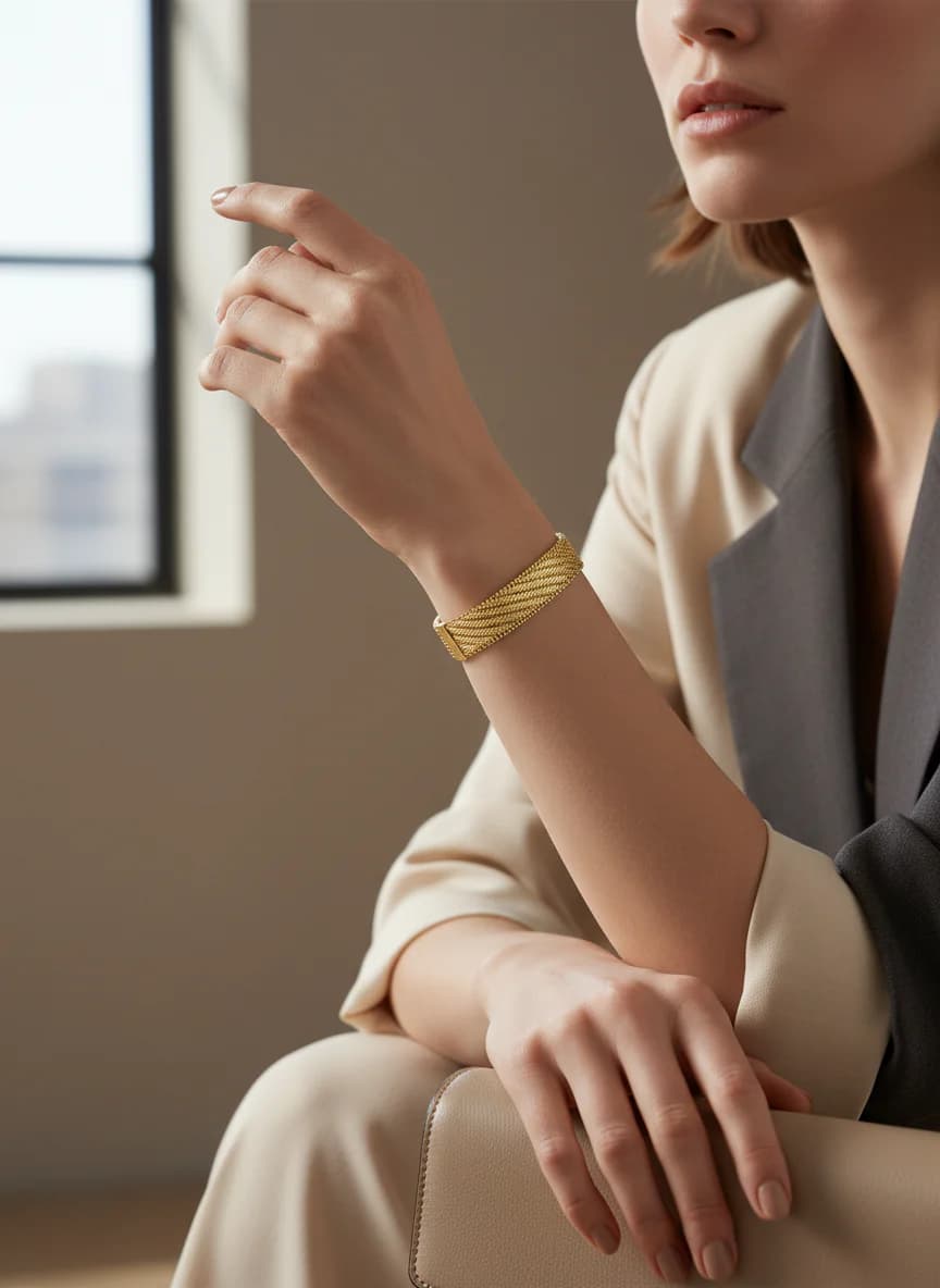 Modern Desenli Geniş Altın Rengi Kadın Bileklik