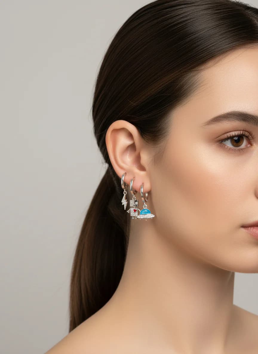 6'lı Gümüş Figürlü Zirkon Taşlı Sallantılı Küpe Seti