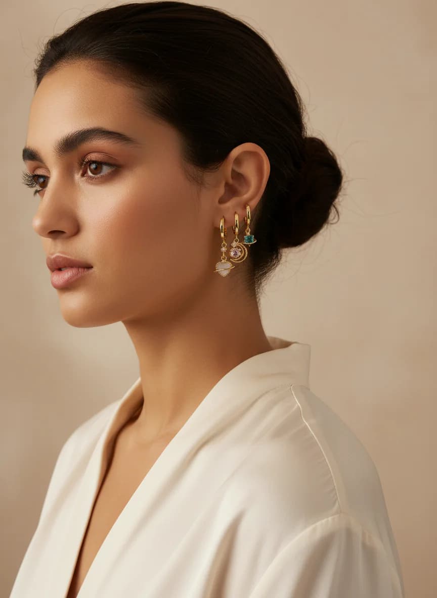 Altın Renk Halka Gezegen ve Renkli Taşlı Küpe Seti