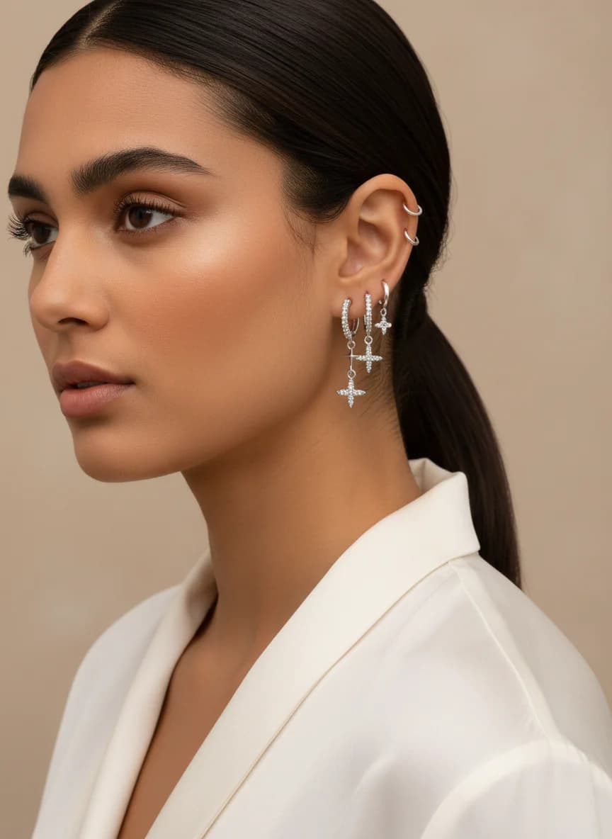 Gümüş Rengi Yıldız Haç Zirkon Taşlı Halka Küpe Seti