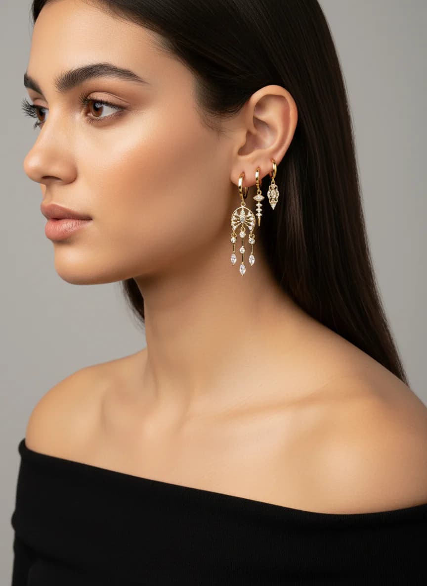 Altın Rengi Zirkon Taşlı 6'lı Sallantılı Halka Küpe Seti