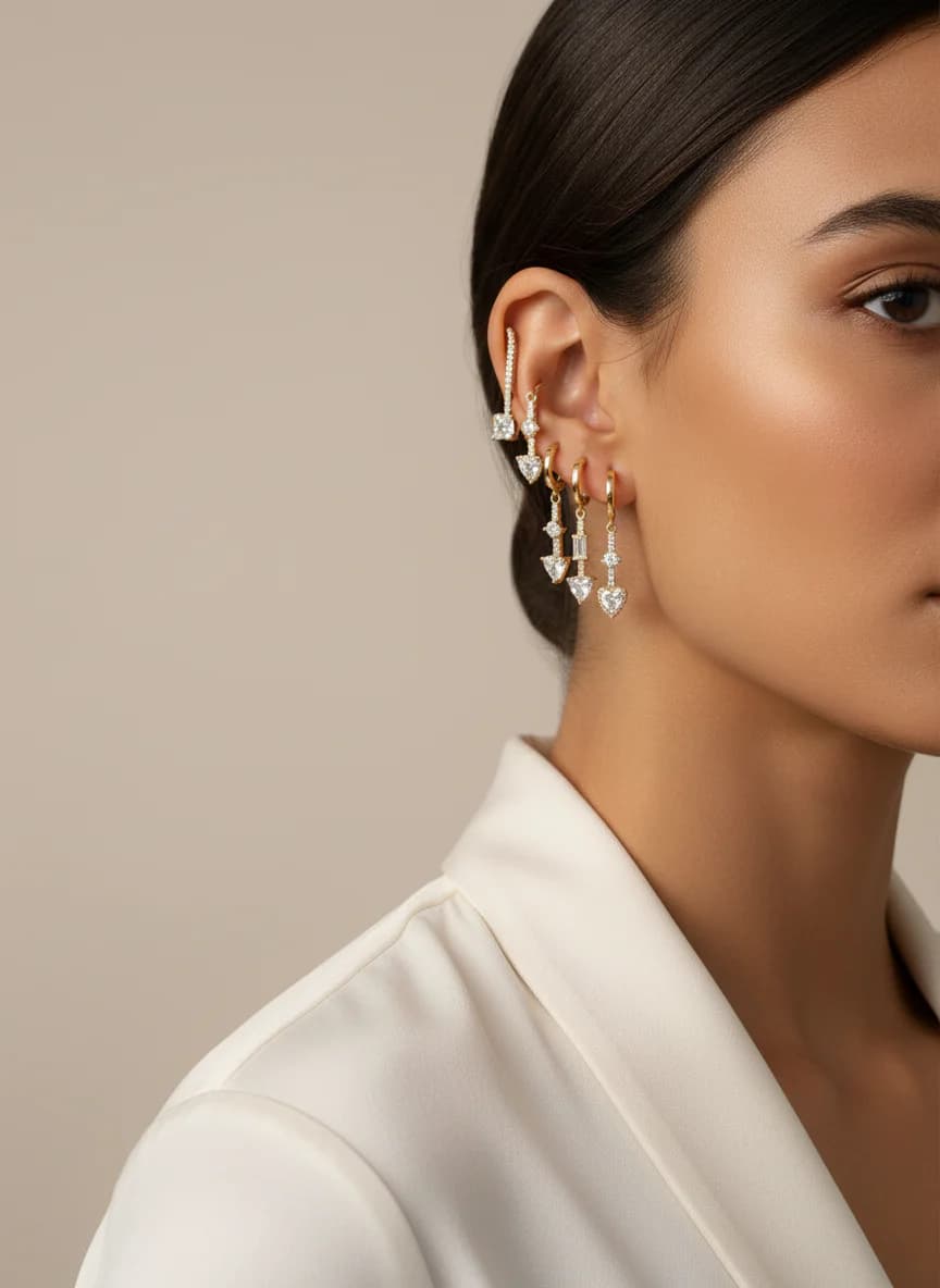 Altın Rengi 6'lı Sallantılı Küpe Seti Zirkon Taşlı