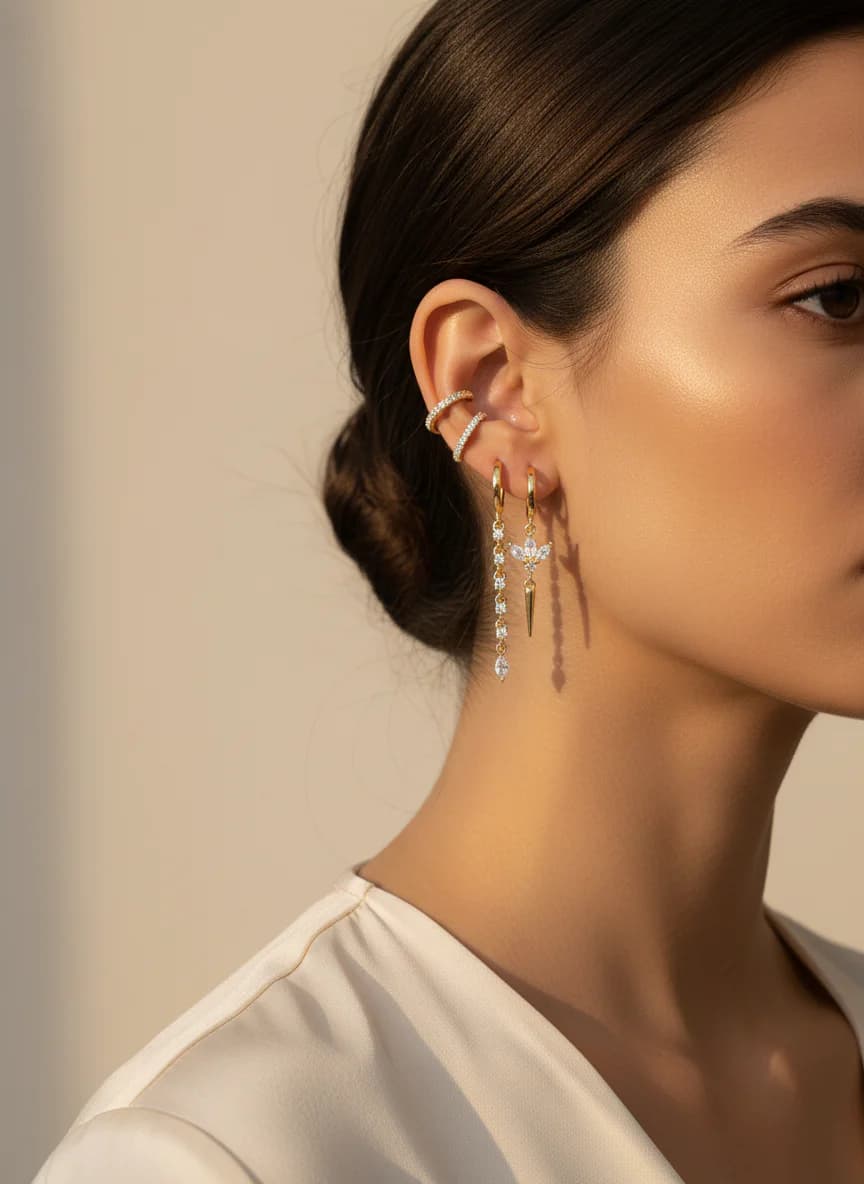 Şık Altın Kaplama Zirkon Taşlı 6'lı Halka Küpe Seti