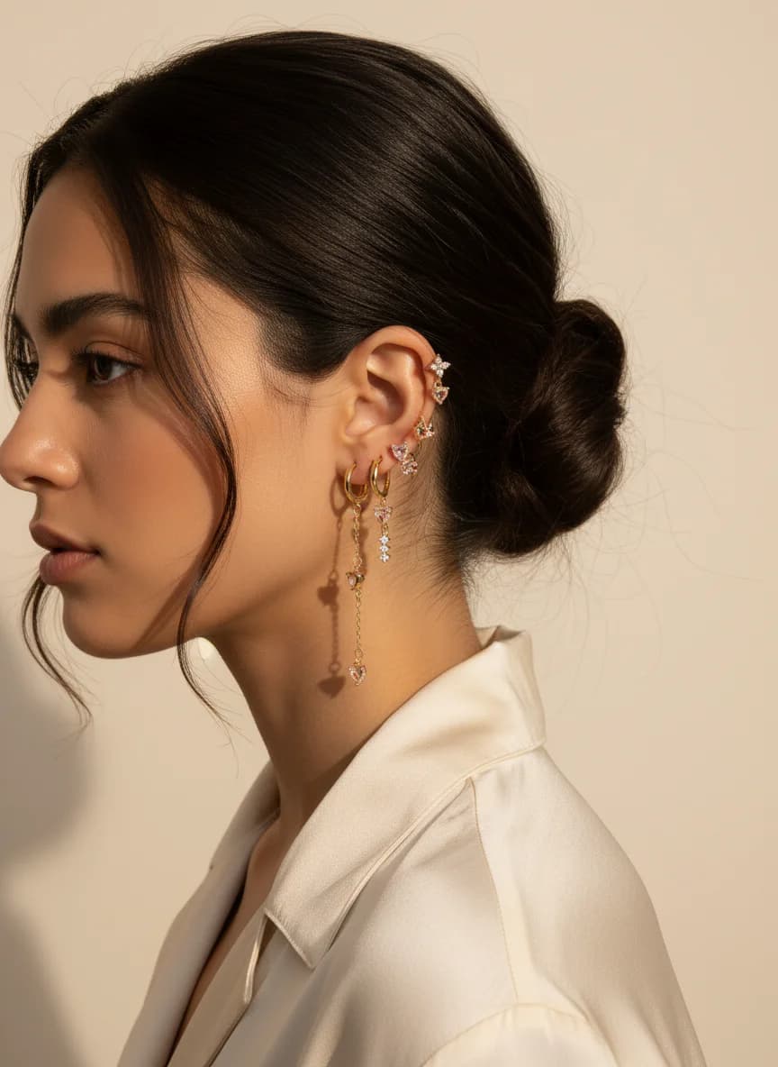 5'li Gold Halka Küpe Seti Pembe Kalp ve Gezegen Taşlı