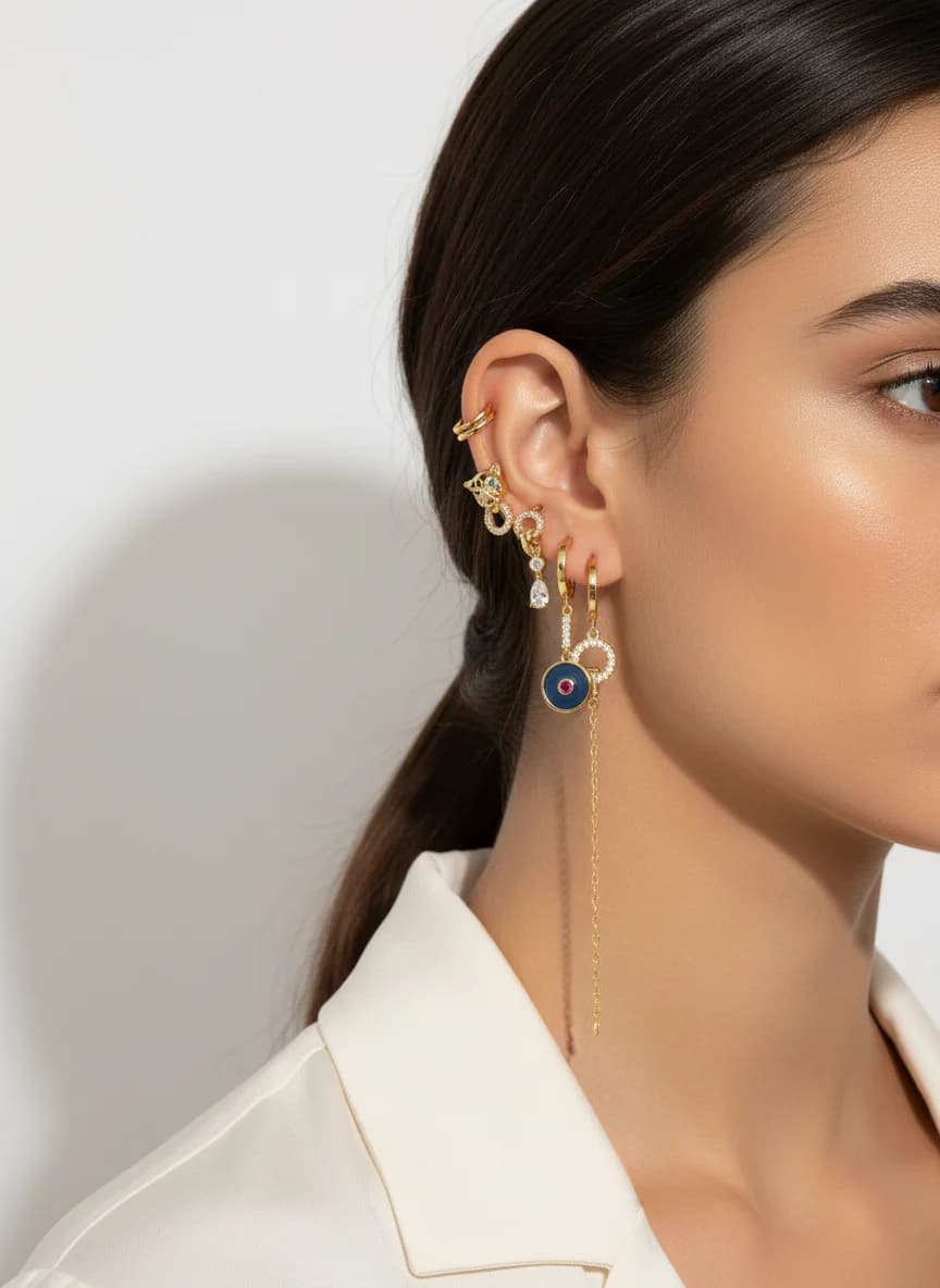 Altın Rengi Zirkon Taşlı Kombin Küpe Seti