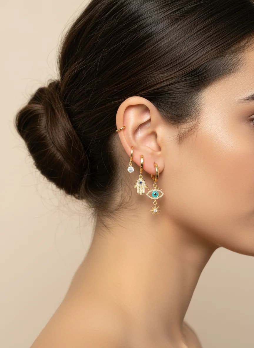 Altın Rengi Nazar Göz Hamsa Yıldız Ay Sallantılı Küpe Seti