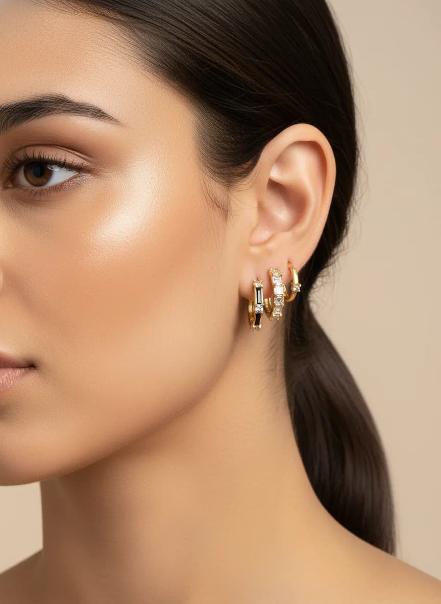 Altın Rengi Baget ve Siyah Detaylı Zirkon Halka Küpe Seti