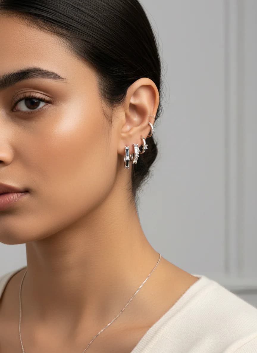 3'lü Gümüş Rengi Zirkon Taşlı Huggie Küpe Seti