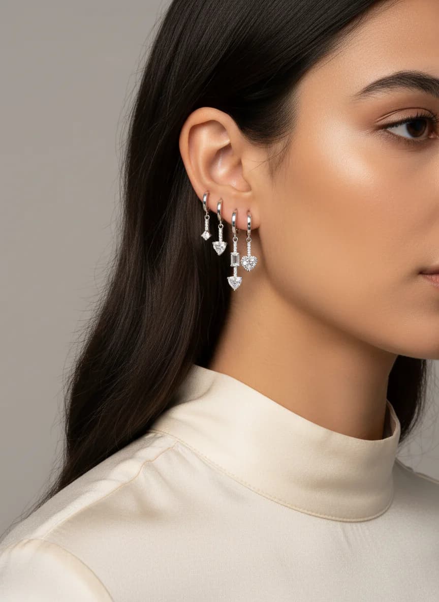 6'lı Gümüş Rengi Zirkon Taşlı Sallantılı Küpe Seti