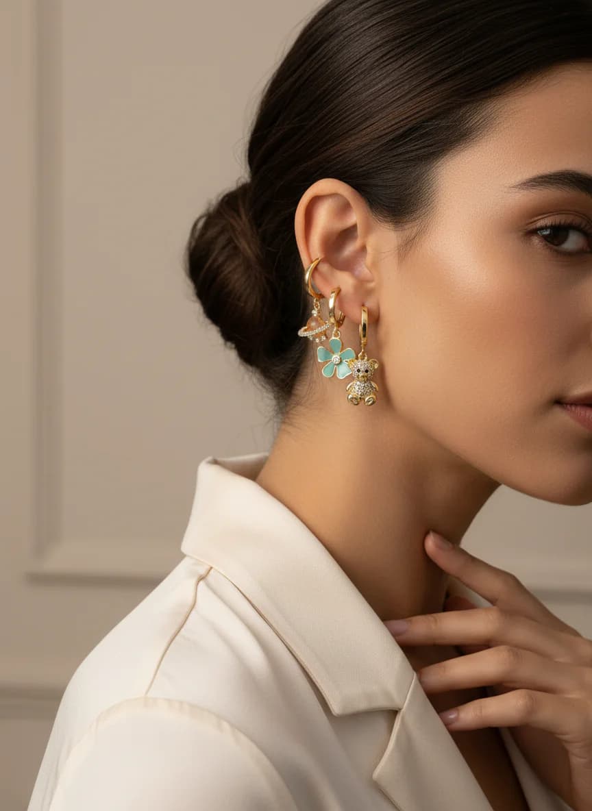 Ayıcık Kalp Çiçek Gezegen Altın Rengi Halka Küpe Seti