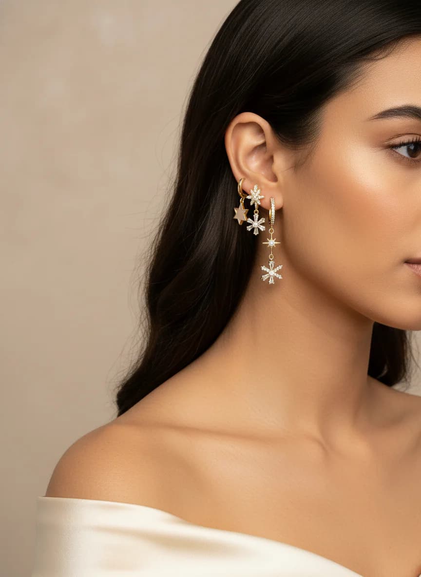 Gold Zirkon Taşlı Çoklu Hoop Küpe Seti | Yıldız & Kar Tanesi