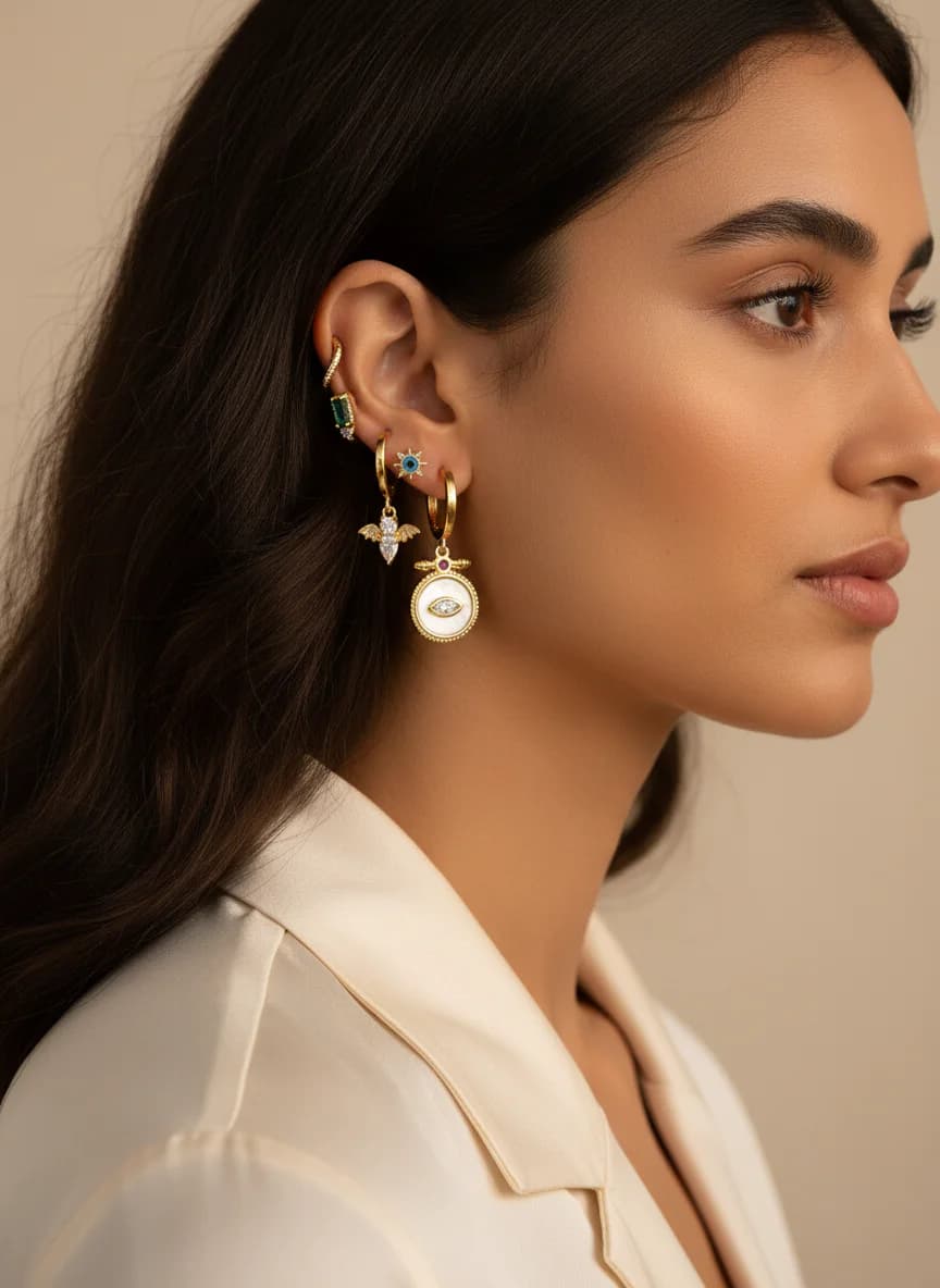 Nazar Boncuklu Hamsa Melek Kanatlı Altın Rengi Küpe Seti