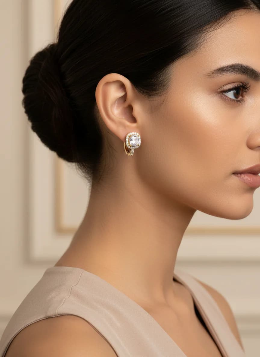 Altın Kaplama Zirkon Taşlı Özel Tasarım Halka Küpe