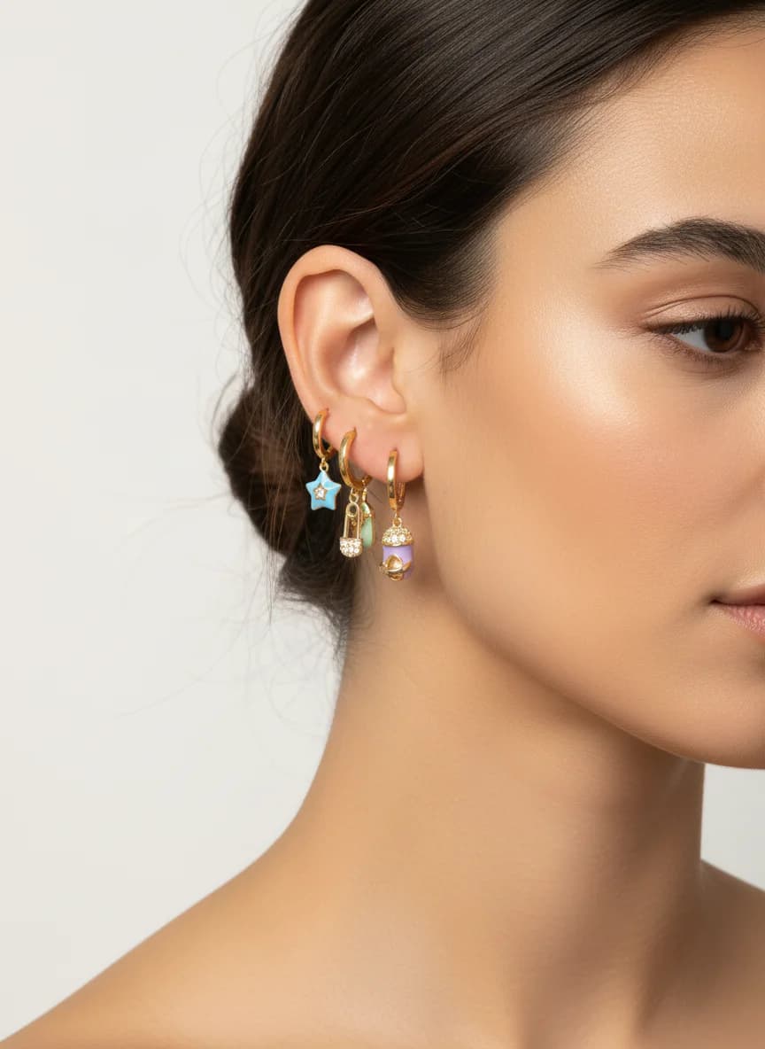 Altın Rengi Halka Renkli Emaye Taşlı Kombin Küpe Seti