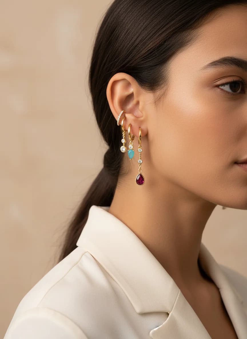 Altın Rengi Mix&Match Renkli ve Zirkon Taşlı Halka Küpe Seti