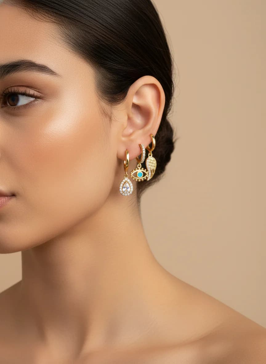 Zirkon Taşlı Altın Rengi Mix Charm Küpe Seti 6'lı