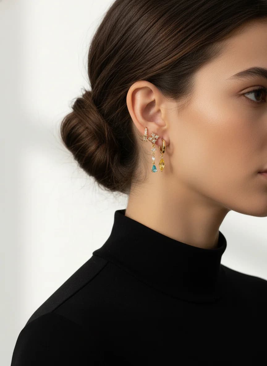 Altın Rengi Taşlı Huggie Küpe Seti - Zincir Detaylı