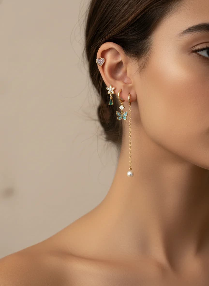 Altın Rengi Figürlü & Renkli Taşlı 6'lı Küpe Seti