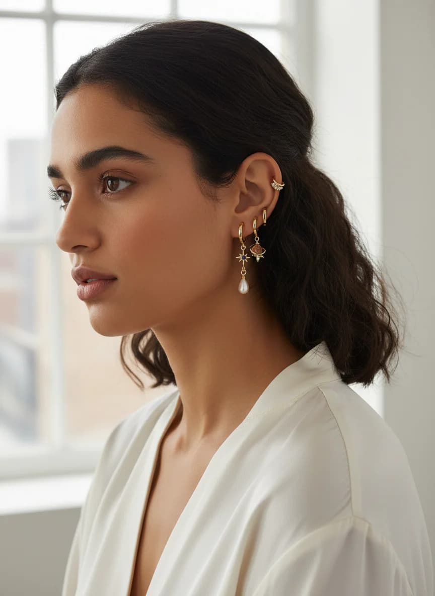 Altın Rengi Gezegen Yıldız Ay Temalı Taşlı Küpe Seti