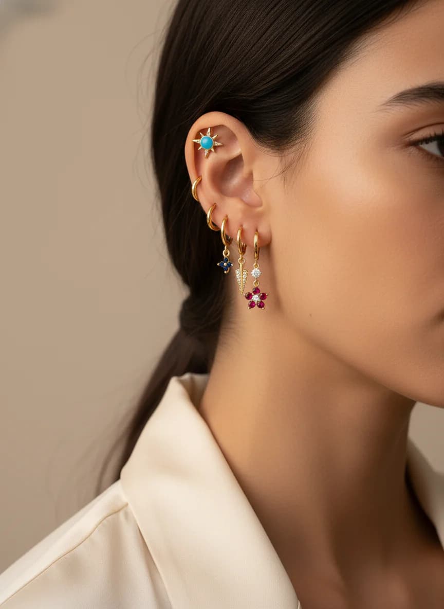 Gold Renk Karma Charmlı Halka Küpe Seti - Renkli Taşlı Takı