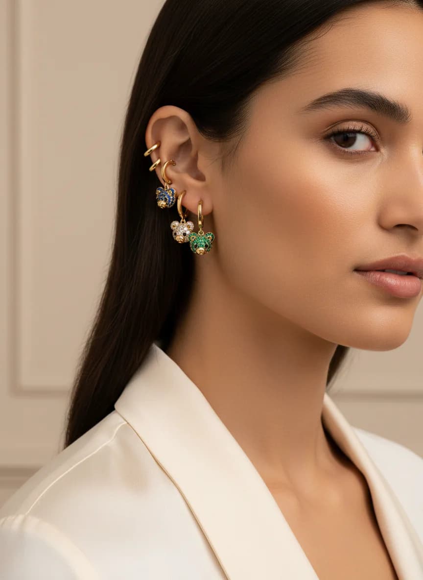 Renkli Taşlı Ayıcık Halka Küpe Seti - Altın Kaplama