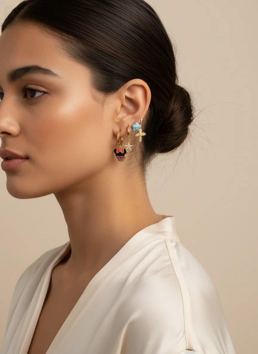 Altın Rengi Mineli & Zirkon Taşlı Kombin Küpe Seti