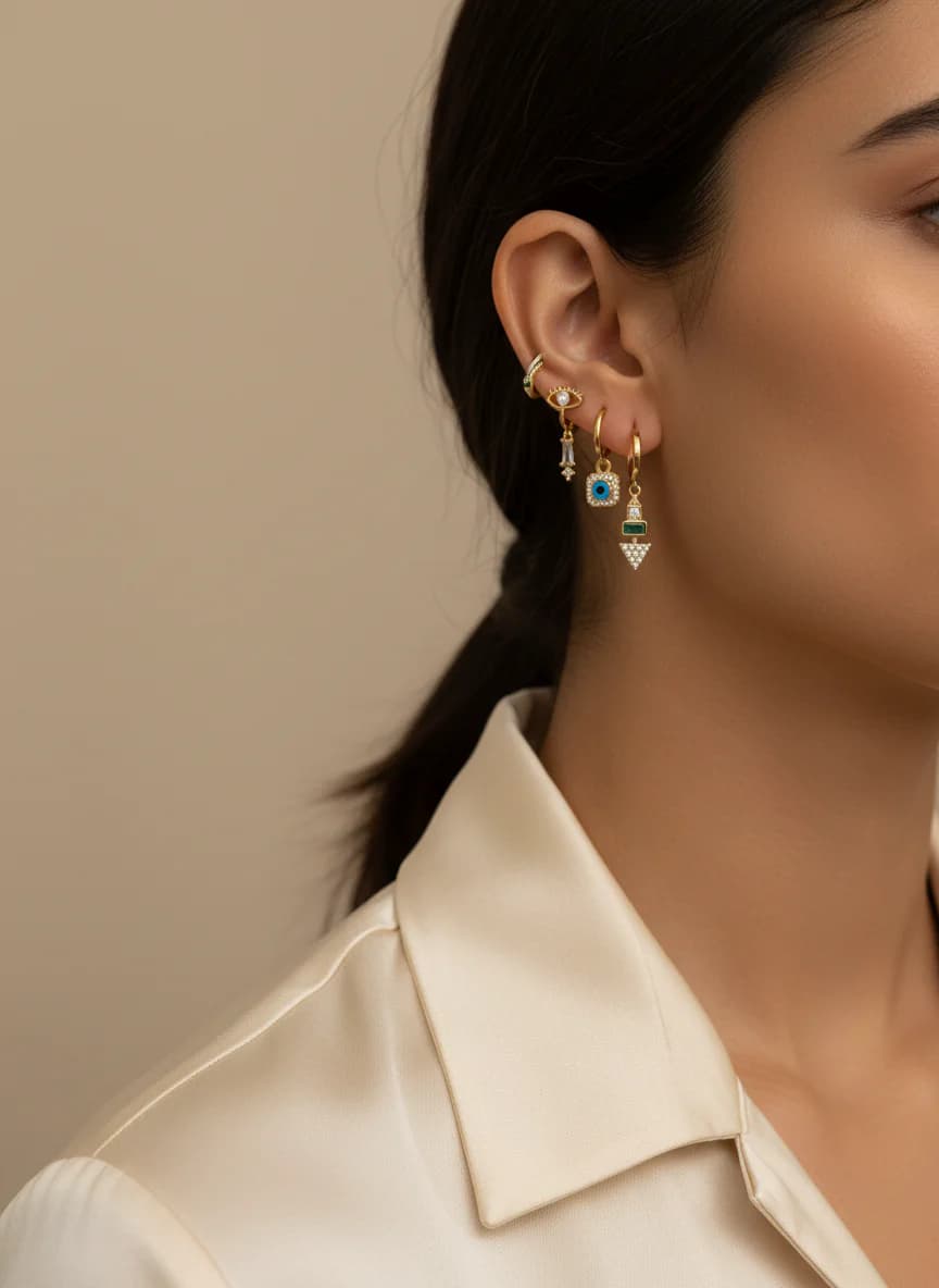 6'lı Altın Rengi Zirkon Taşlı Mix&Match Küpe Seti