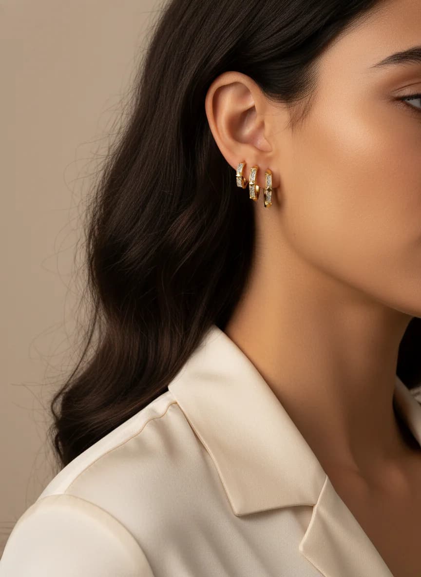 3'lü Altın Rengi Oval Halka Yıldız Taşlı Küpe Seti