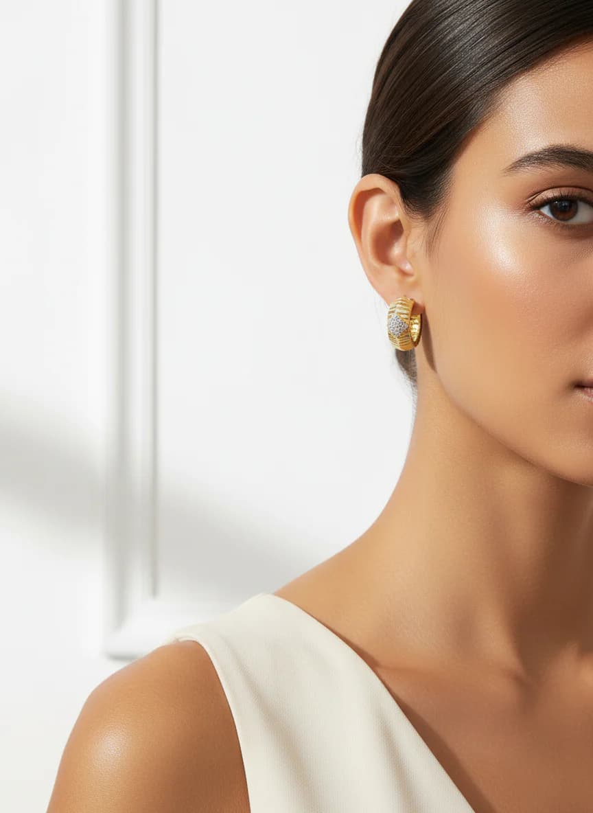 Altın Rengi Zirkon Taşlı Üçlü Huggie Halka Küpe Seti