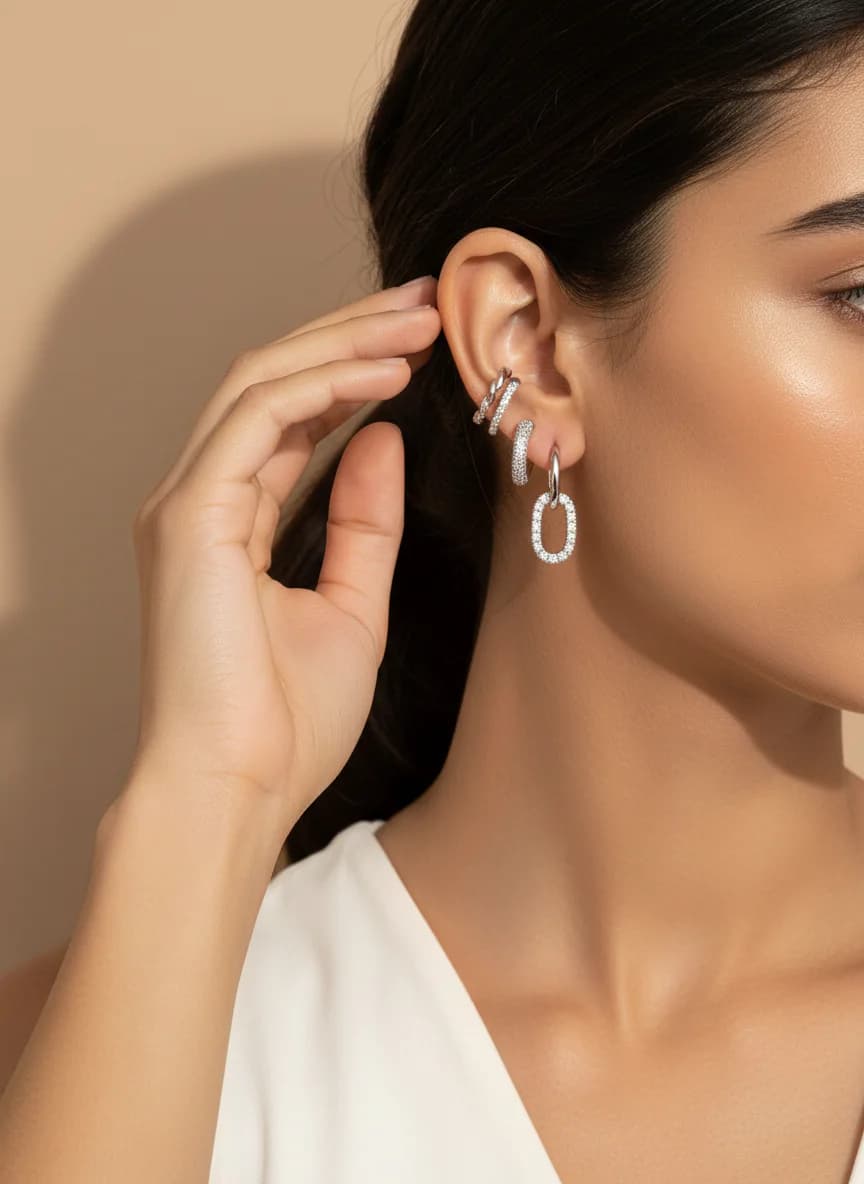 Burgulu & Zirkon Taşlı Gümüş Rengi 3'lü Küpe Seti