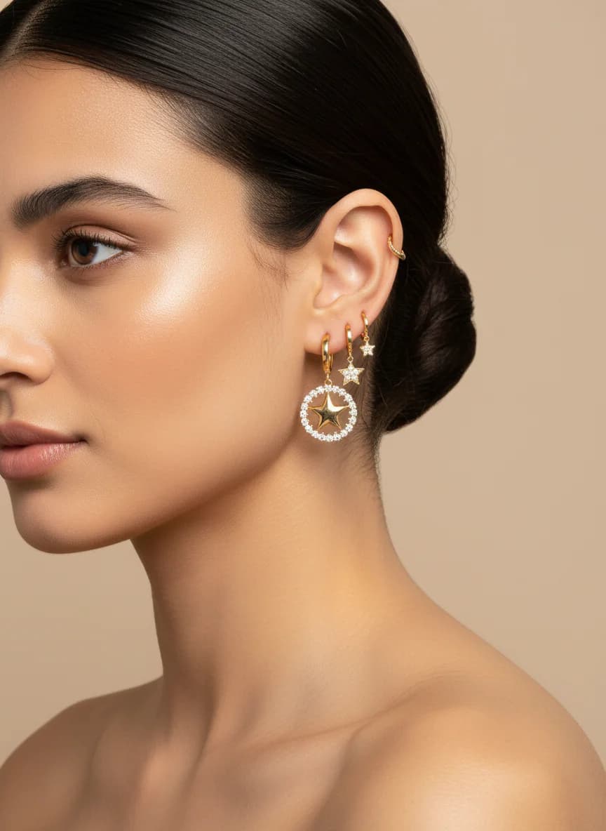 Altın Rengi Yıldız Detaylı Zirkon Taşlı Halka Küpe Seti