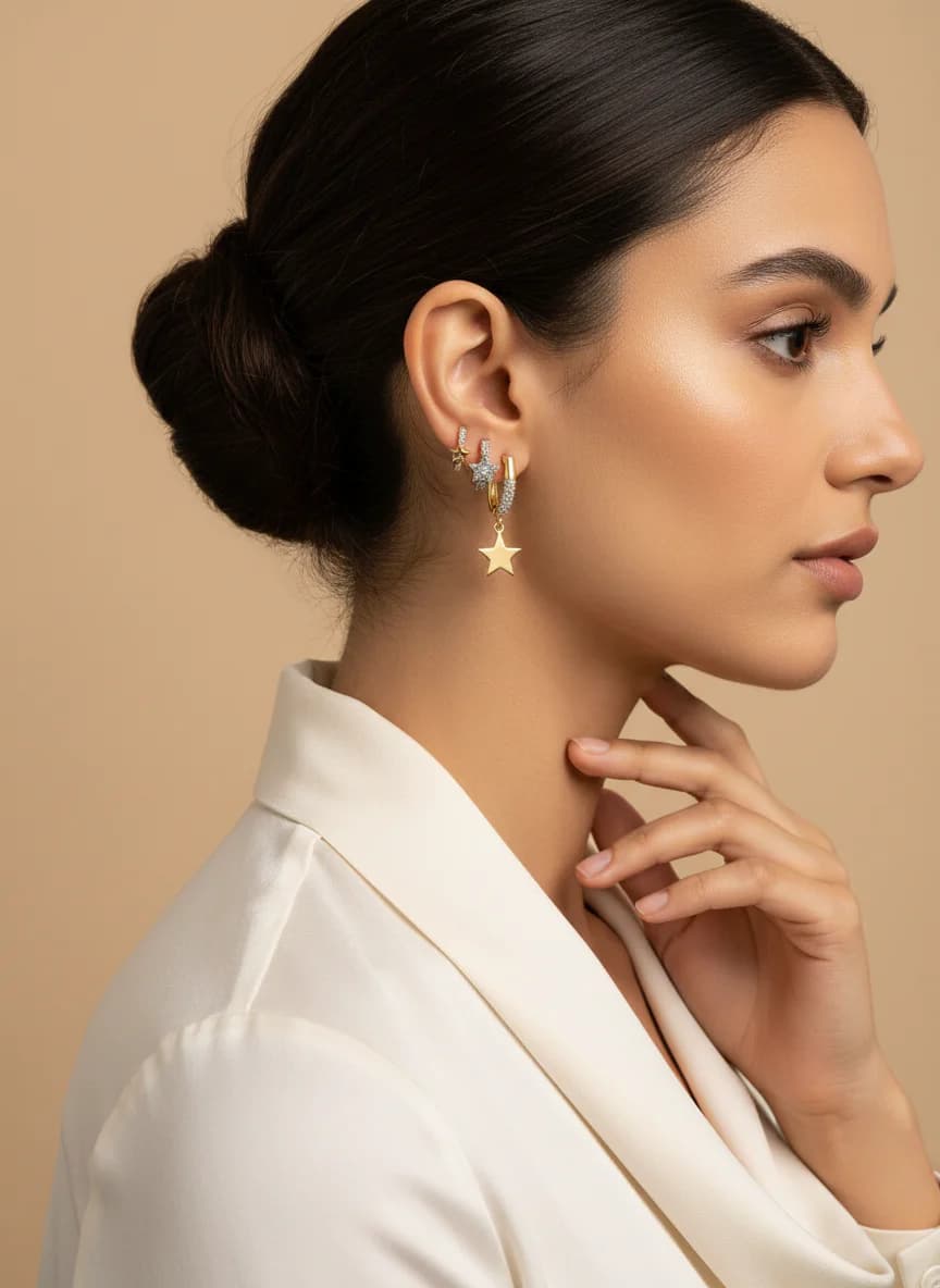 Altın Rengi Taşlı Yıldız Halkalı Küpe Seti - Şık ve Günlük