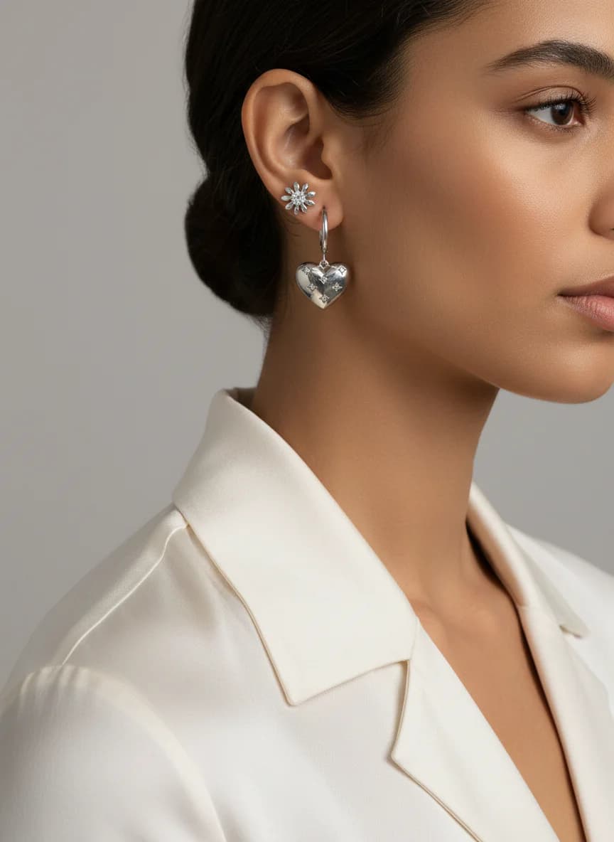 Kalp Pırlanta Çiçek Tasarım Gümüş Renkli Küpe Seti