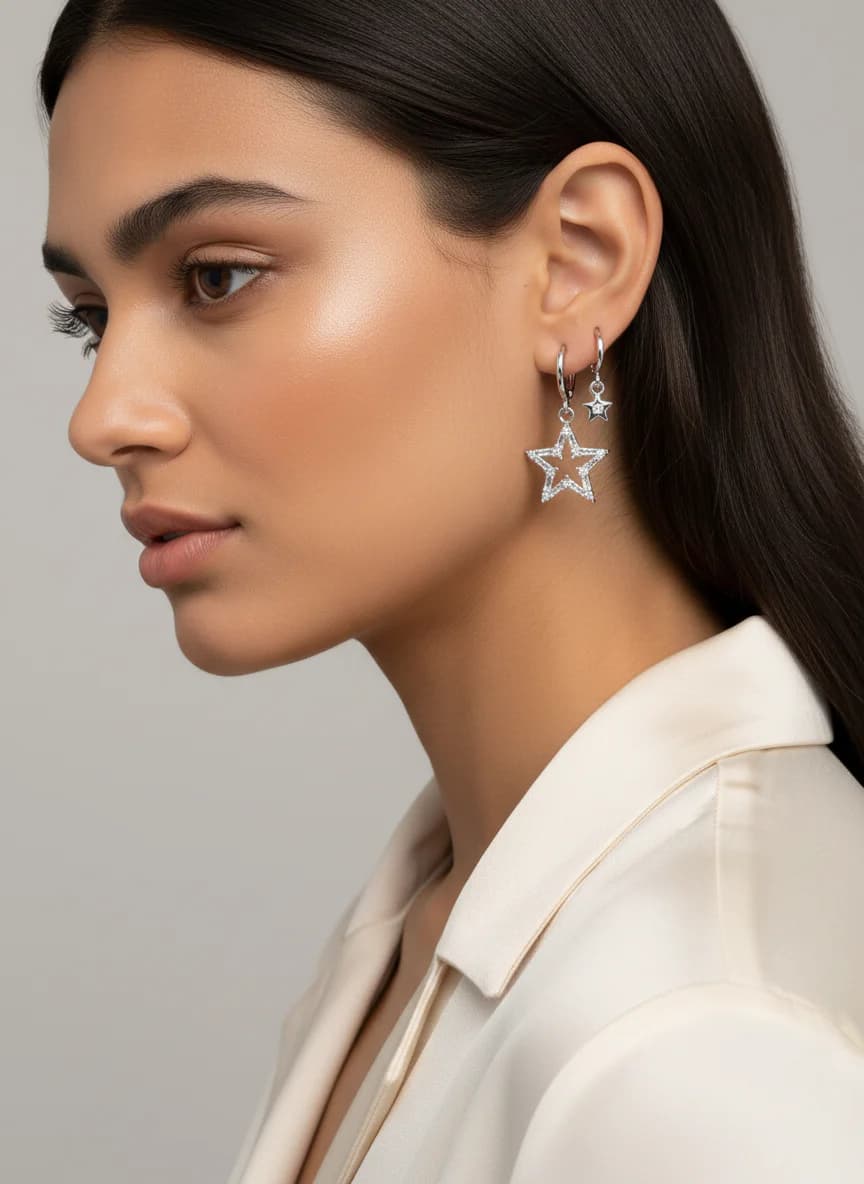 Üçlü Gümüş Rengi Yıldız ve Zirkon Taşlı Halka Küpe Seti