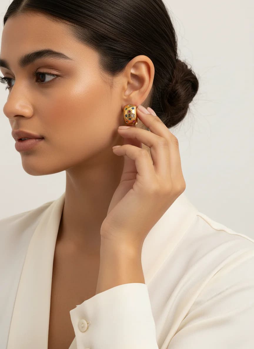 Chunky Renkli Yıldız Taşlı Altın Rengi Kadın Küpe