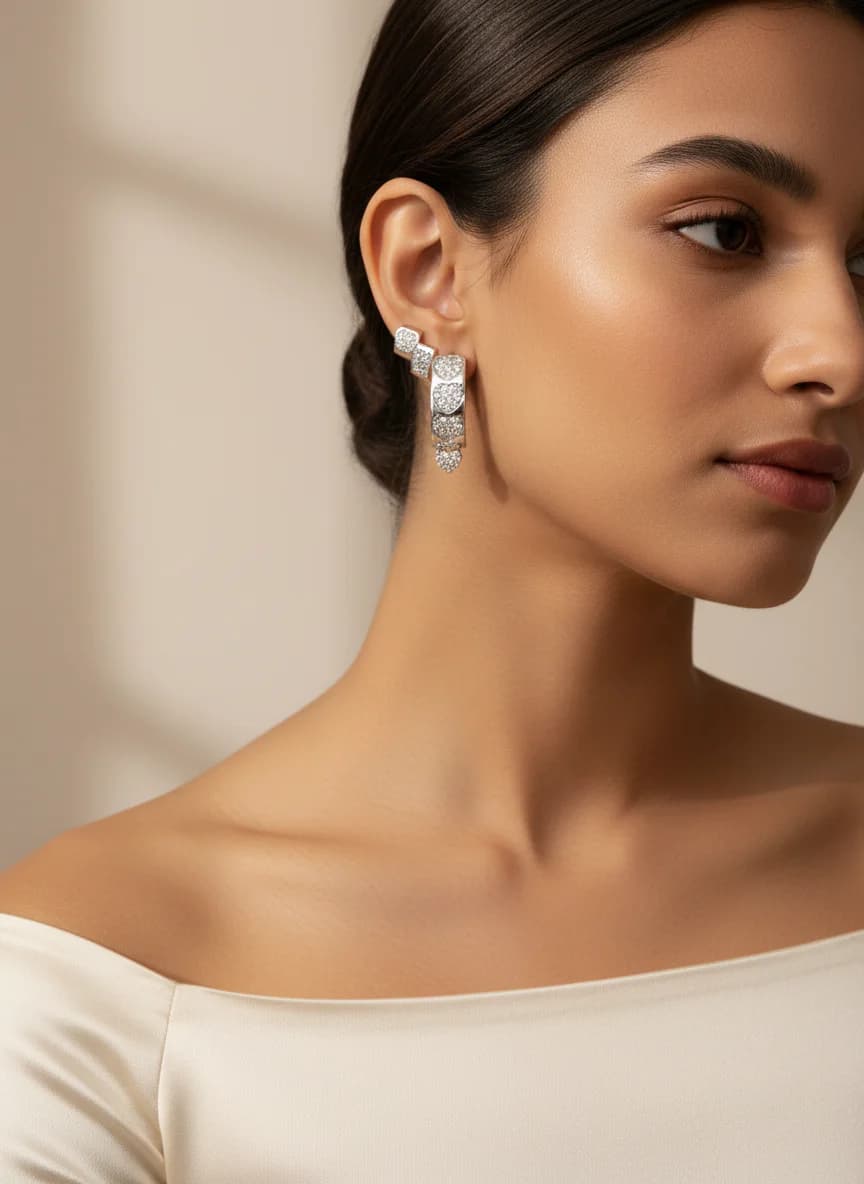 Kalp Zirkon Taşlı Gümüş Rengi Halka Küpe Seti