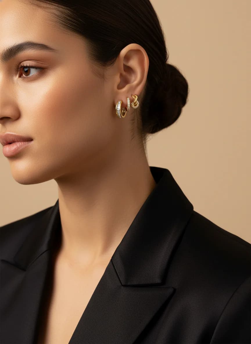 Altın Rengi Zirkon Taşlı Şık 3'lü Küpe Seti