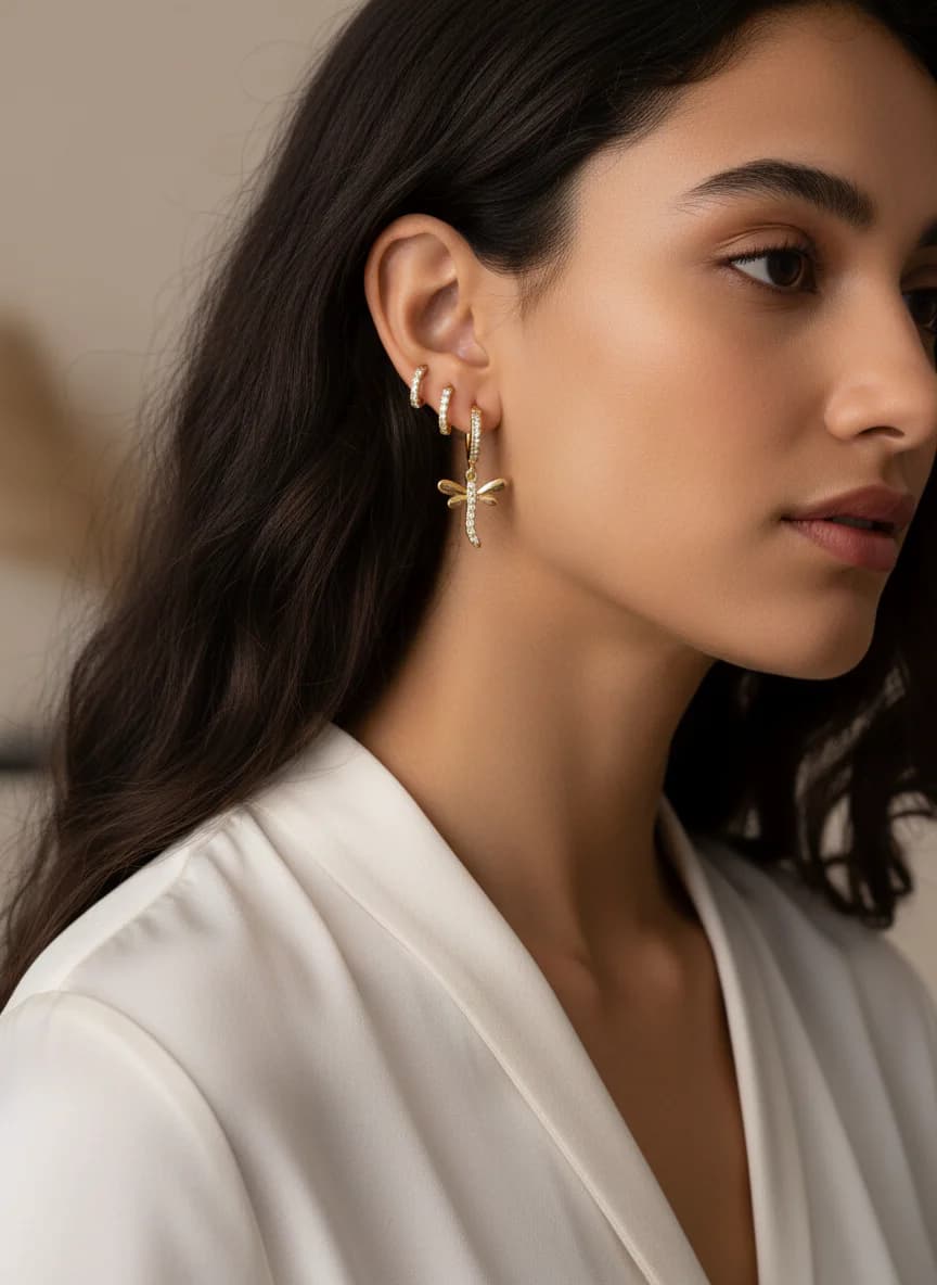 Altın Renk Taşlı Yusufçuk Anahtar Detaylı 3'lü Küpe Seti