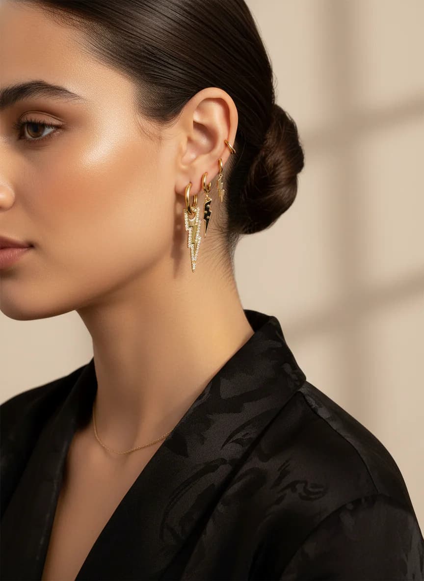 Üçlü Altın Rengi Şimşek Küpe Seti - Zirkon ve Mineli Halka