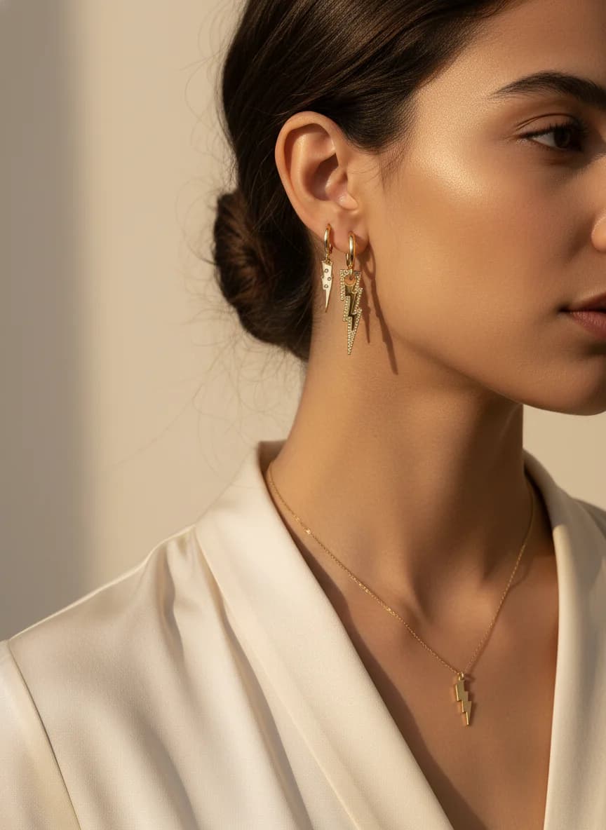 3'lü Altın Kaplama Yıldırım Küpe Seti - Zirkon & Mineli