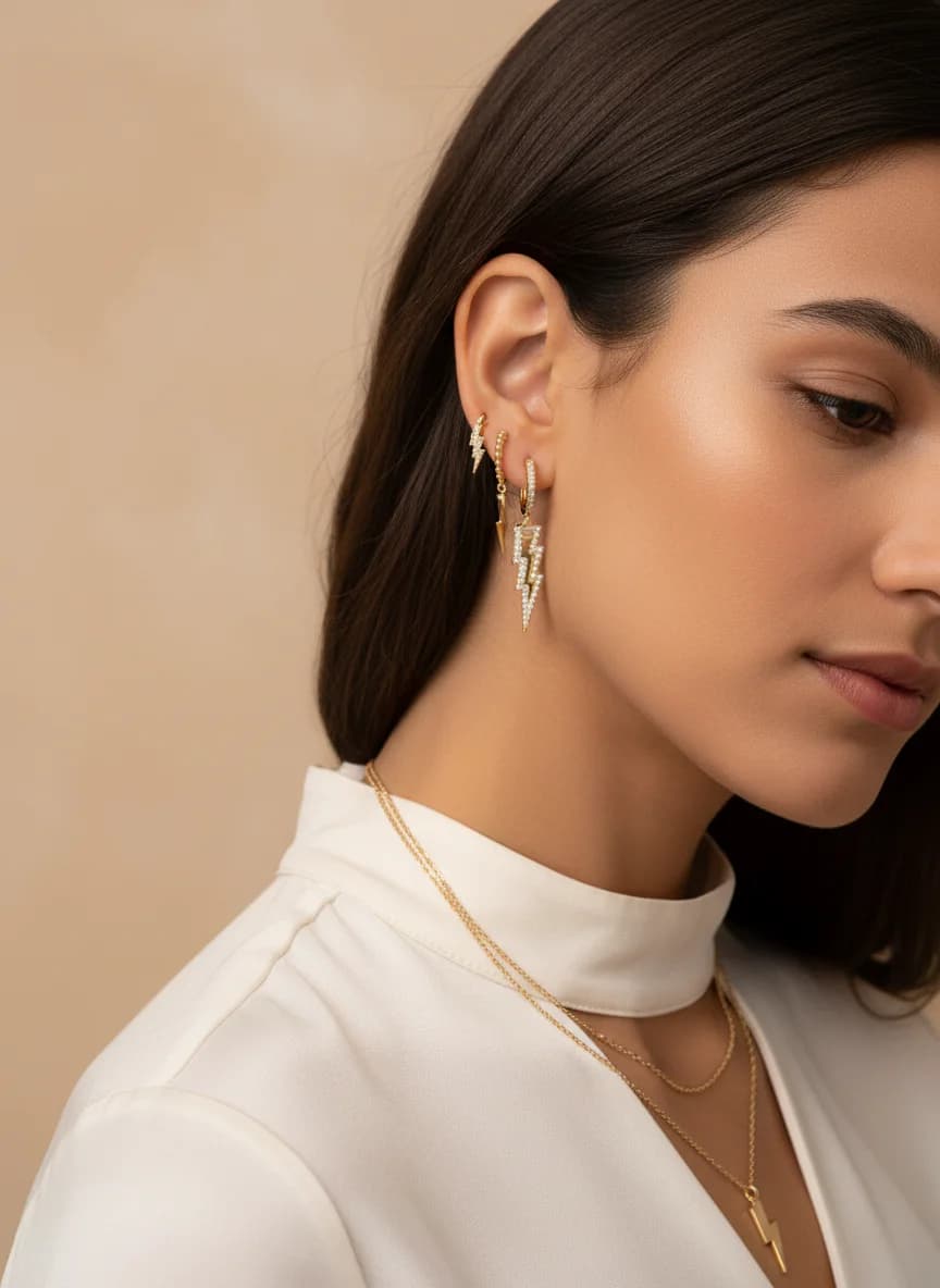 Altın Rengi Şimşek Figürlü Taşlı & Taşsız Üçlü Küpe Seti