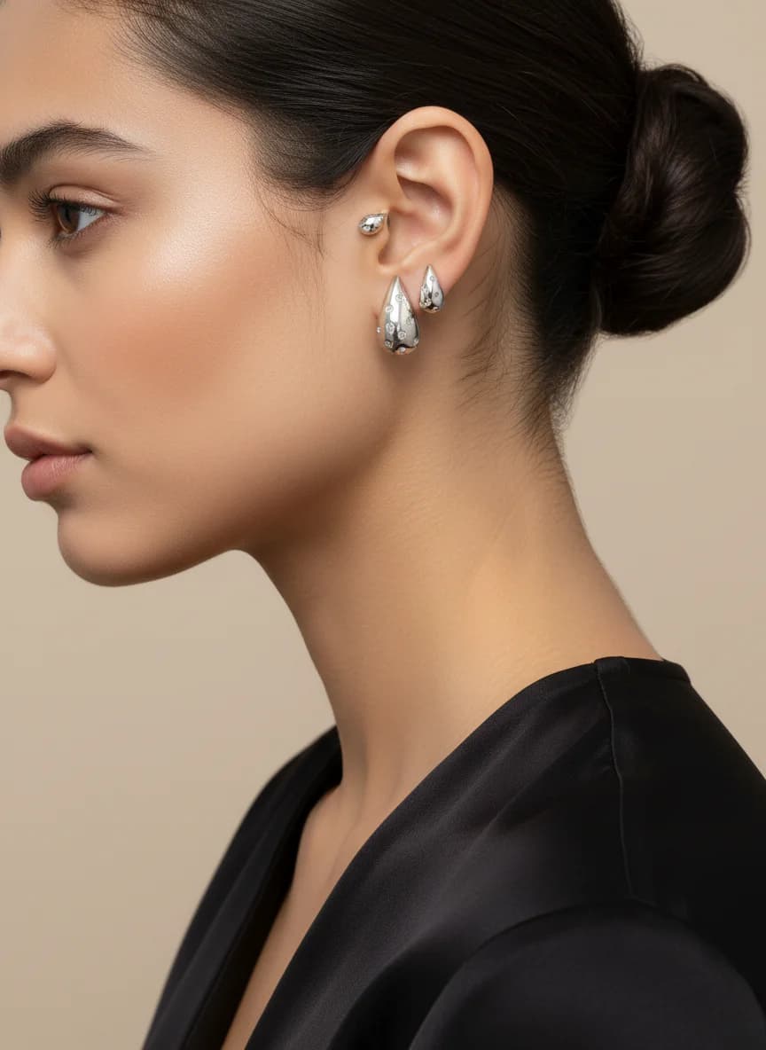 3'lü Damla Zirkon Taşlı Gümüş Renk Kadın Küpe Seti