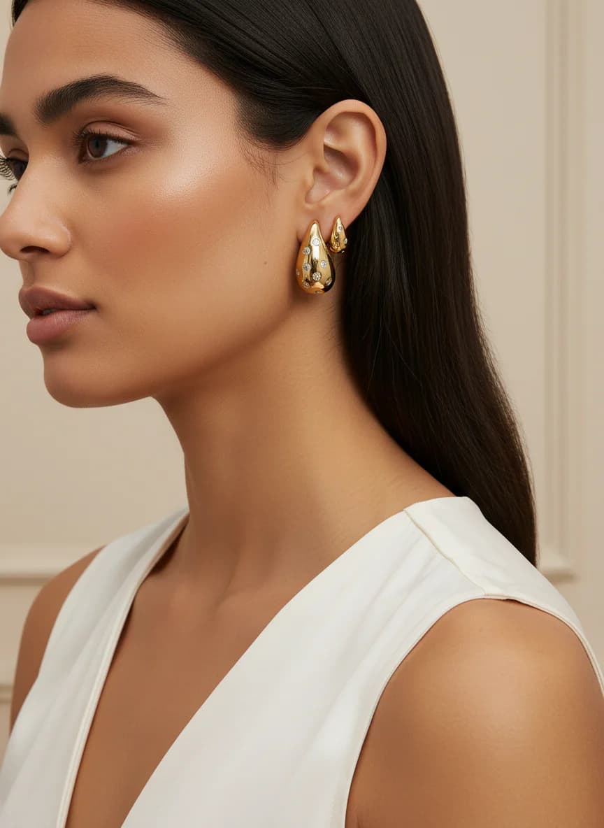 Altın Rengi Taşlı Puf Damla Üçlü Halka Küpe Seti