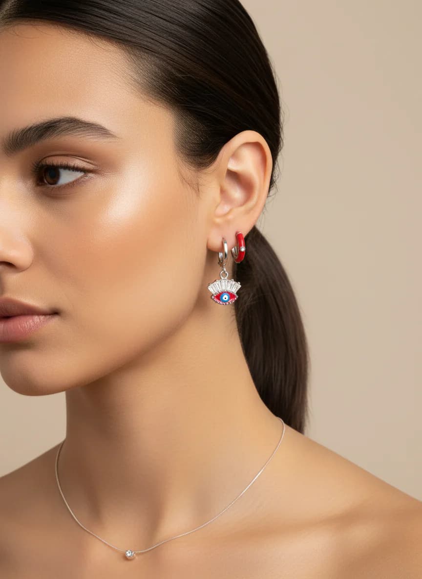 Üçlü Nazar, Fatma Ana Eli ve Kırmızı Mineli Küpe Seti