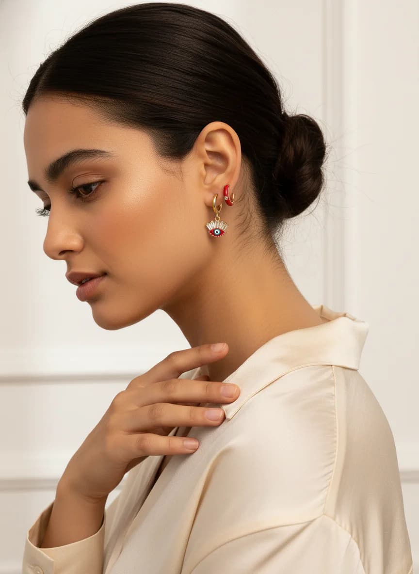 Altın Renk Nazar Fatma Eli Kırmızı Mine Küpe Seti