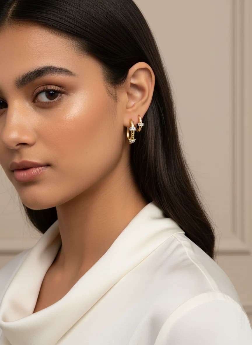 Altın Rengi Taşlı Üçlü Halka Küpe Seti