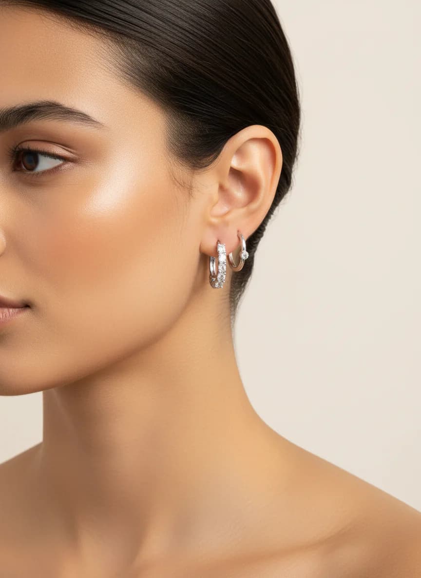 Gümüş Rengi Zirkon Taşlı 3'lü Halka Küpe Seti