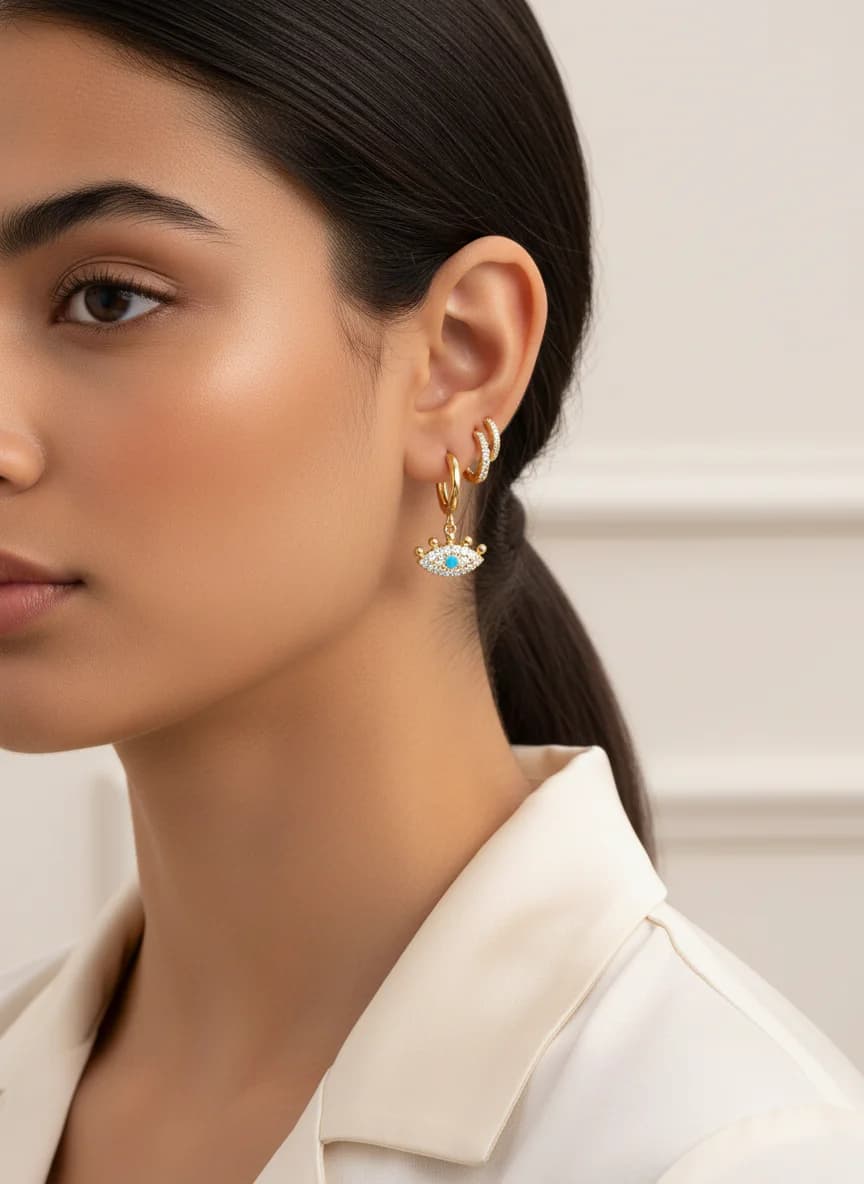 Altın Kaplama Nazar Boncuğu Üçgen Halka Küpe Seti