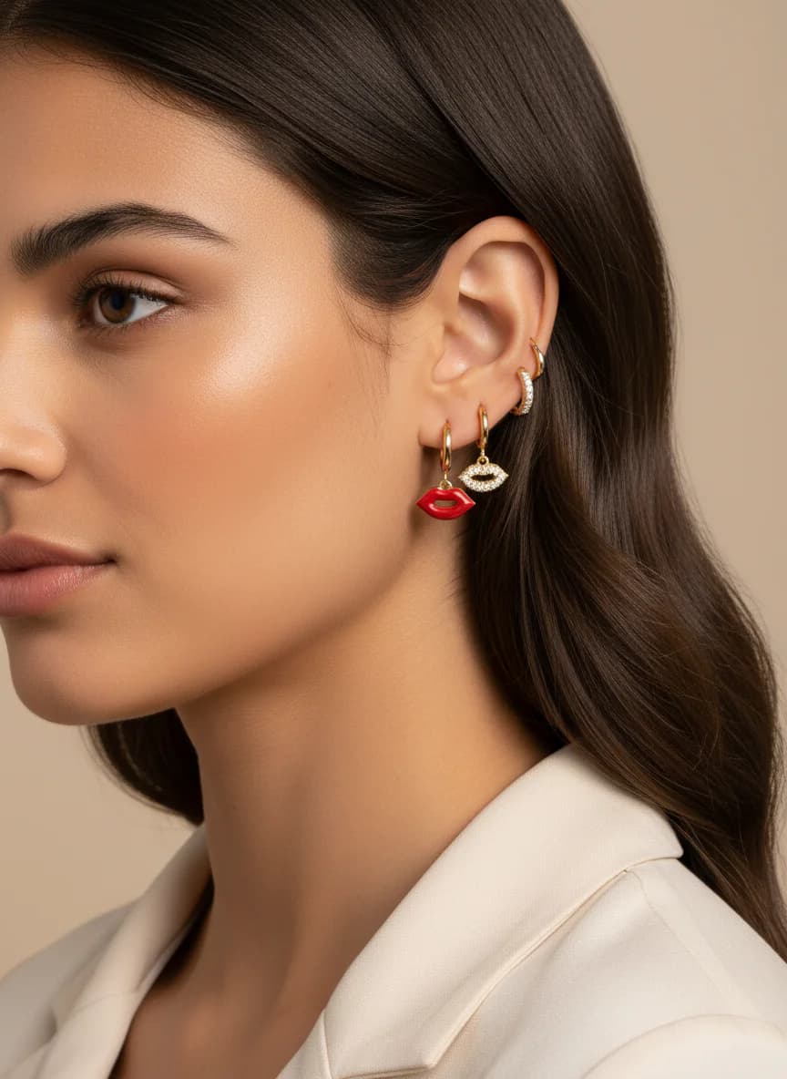 Altın Rengi Dudak ve Taşlı Mismatched Halka Küpe Seti